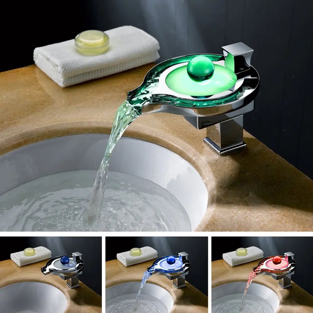 

Home 3 Color Thermochromic LED Waterfall Faucet Modern Bathroom Kitchen Faucet Mixer Tap Lavatory Basin Faucet Copper Sink Tap