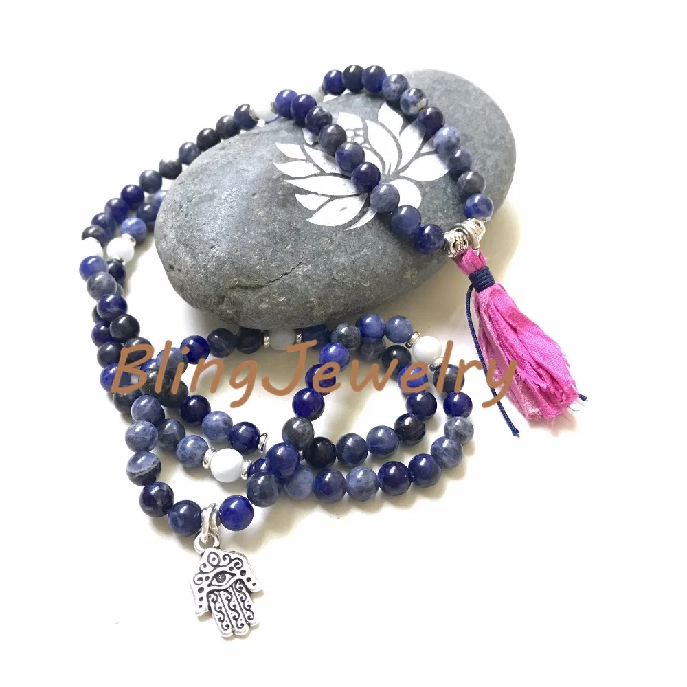 N17082543 Sodalite Mala Bead Wrap Bracelet, Mala Necklace For Self Acceptance, Aquamarine Mala, 108 Mala Bead On Stretch Cord, Sari Silk Tassel Mala6 (10)