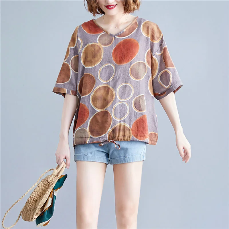 Retro Leisure Femme Tshirt Cotton Linen Tops Summer Polka Dot Printing V Neck T Shirt Women Loose Drawstring Hem Big Size Tees
Retro Leisure Femme Tshirt Cotton Linen Tops Summer Polka Dot Printing V Neck T Shirt Women Loose Drawstring Hem Big Size Tees