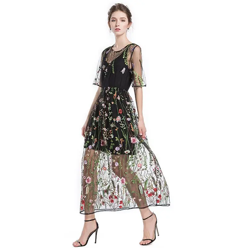 Sexy Women Floral Embroidery Dress Sheer Mesh Summer Boho Long A-line Dress See-through Black Dress 2019 Vestidos De Festa
Sexy Women Floral Embroidery Dress Sheer Mesh Summer Boho Long A-line Dress See-through Black Dress 2019 Vestidos De Festa