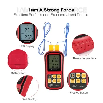 BENETECH GM1312 Dual-channel Digital Thermocouple Thermometer -50~300 Handheld Temperature Meter 2pcs K Type Thermocouple
BENETECH GM1312 Dual-channel Digital Thermocouple Thermometer -50~300 Handheld Temperature Meter 2pcs K Type Thermocouple