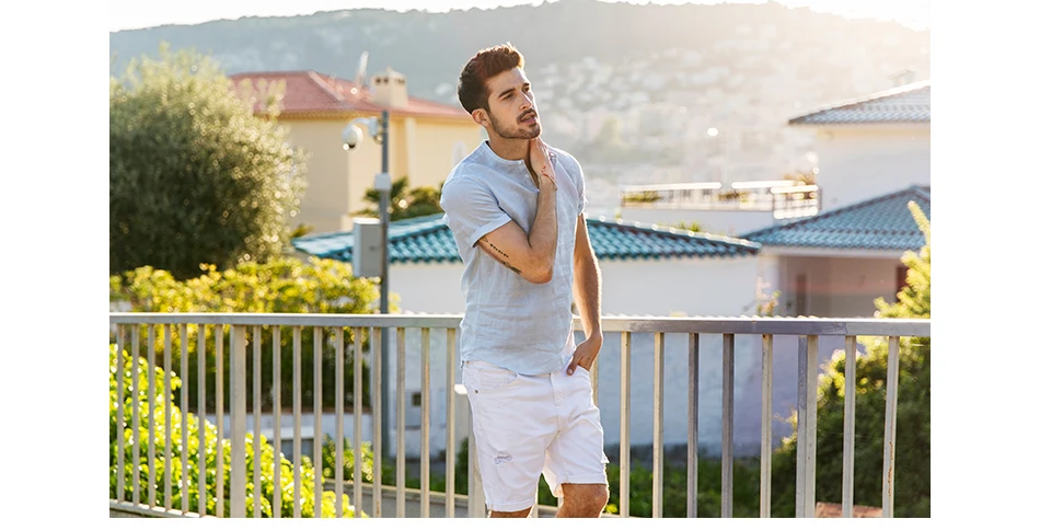 Simwood 2019 New Arrival Summer Short-sleeved Shirts Men 100% Linen White Solid Color Slim Fit Plus Size Collarless Tops CS1534 24