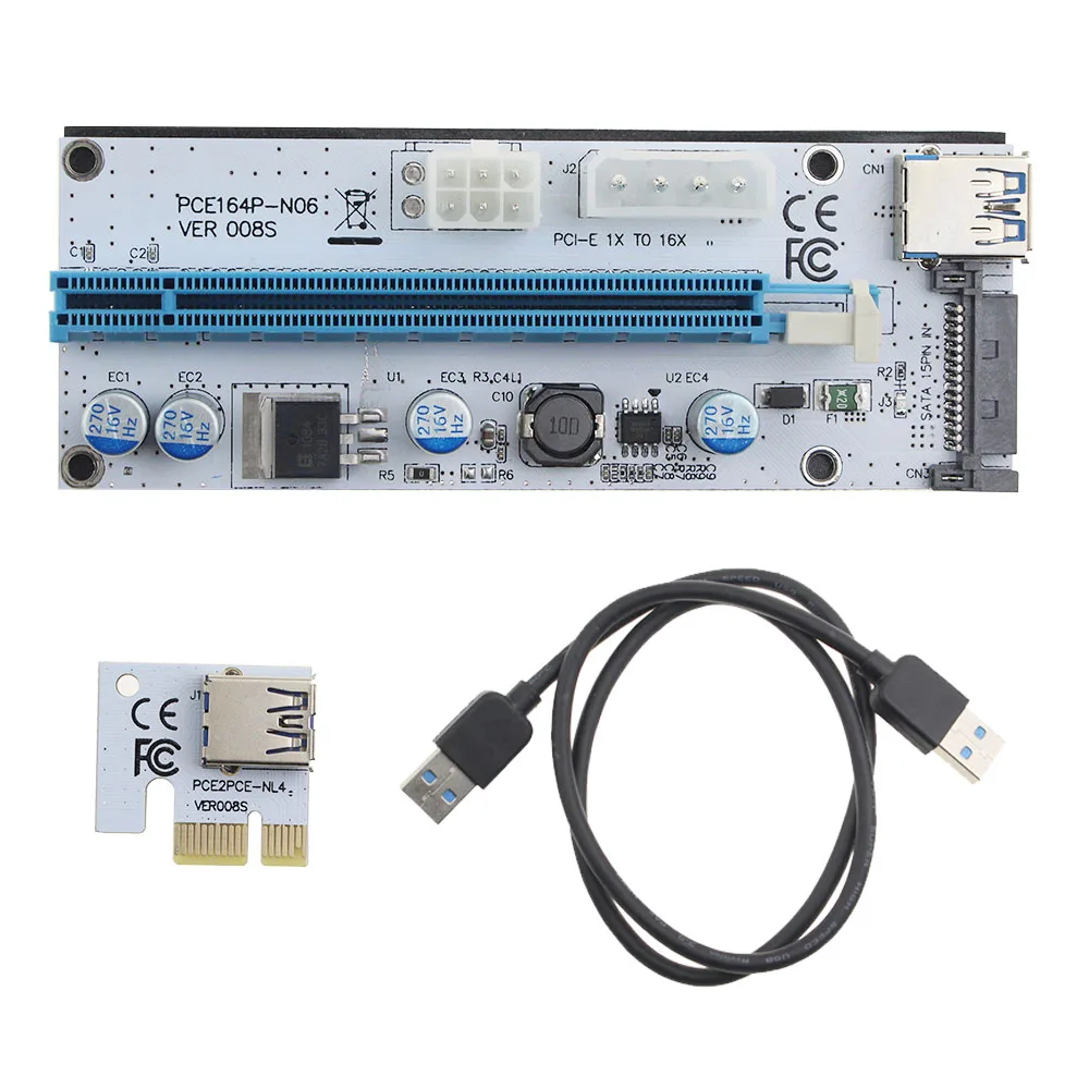 008S PC PCIe PCI-E PCI Express Riser Card 1x to 16x USB 3.0 Data Cable SATA to 4Pin IDE Molex Power Supply for BTC Miner Machine
008S PC PCIe PCI-E PCI Express Riser Card 1x to 16x USB 3.0 Data Cable SATA to 4Pin IDE Molex Power Supply for BTC Miner Machine