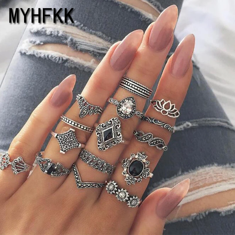 MYHFKK15 Pcs / Set Bohemian Retro Crystal Flower Leaf Openwork lack Silver Ring Set Ms. Wedding Commemorative Gift JZ014 
MYHFKK15 Pcs / Set Bohemian Retro Crystal Flower Leaf Openwork lack Silver Ring Set Ms. Wedding Commemorative Gift JZ014