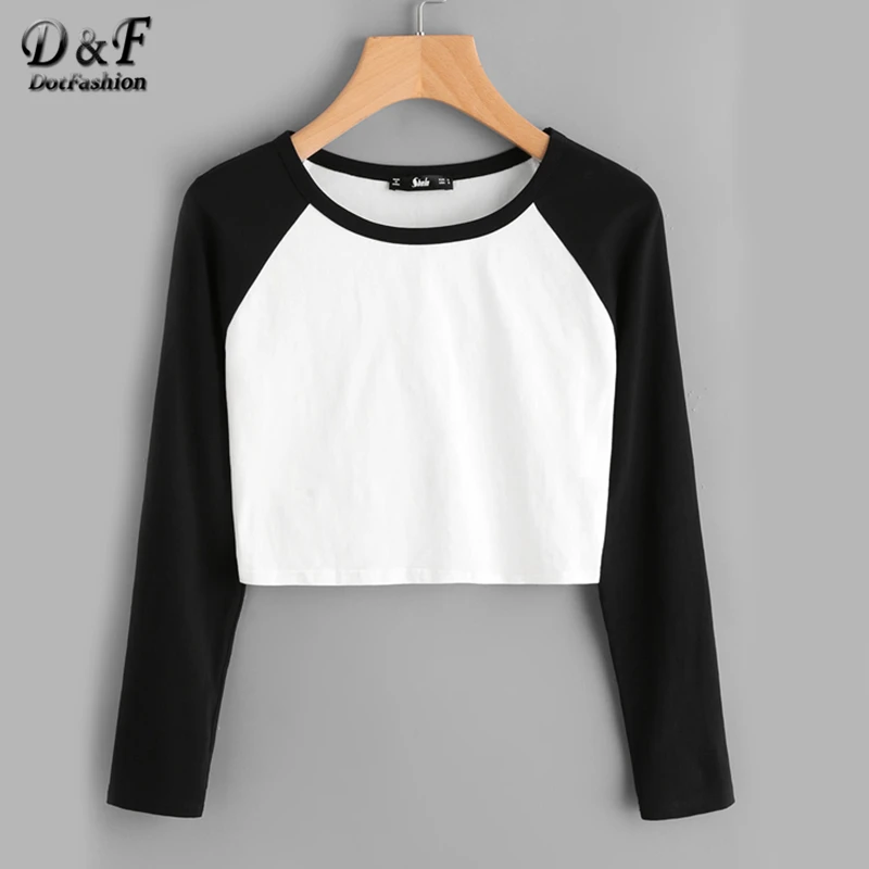 

Dotfashion Two Tone Raglan Sleeve Crop Tee Shirt 2019 Black And White Round Neck Top Autumn Long Sleeve Plain T shirt