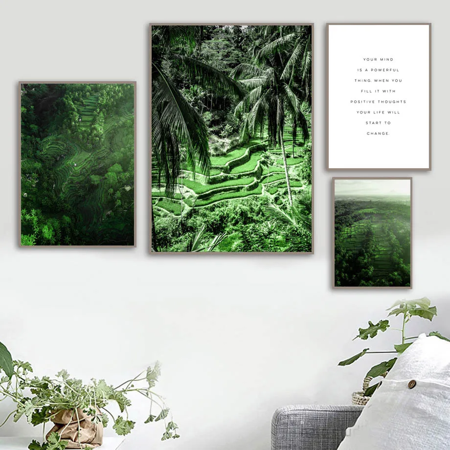 Green Terraced Field Fresh Palm Tree Leaf Wall Art Canvas Painting Nordic Posters And Prints Wall Pictures For Living Room Decor