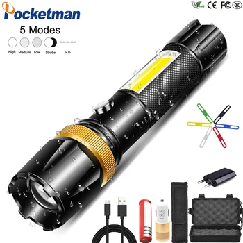 T6+COB LED Flashlight with USB Charging Waterproof Zoom able 5 Modes Aluminum Electric Torch use 18650
T6+COB LED Flashlight with USB Charging Waterproof Zoom able 5 Modes Aluminum Electric Torch use 18650