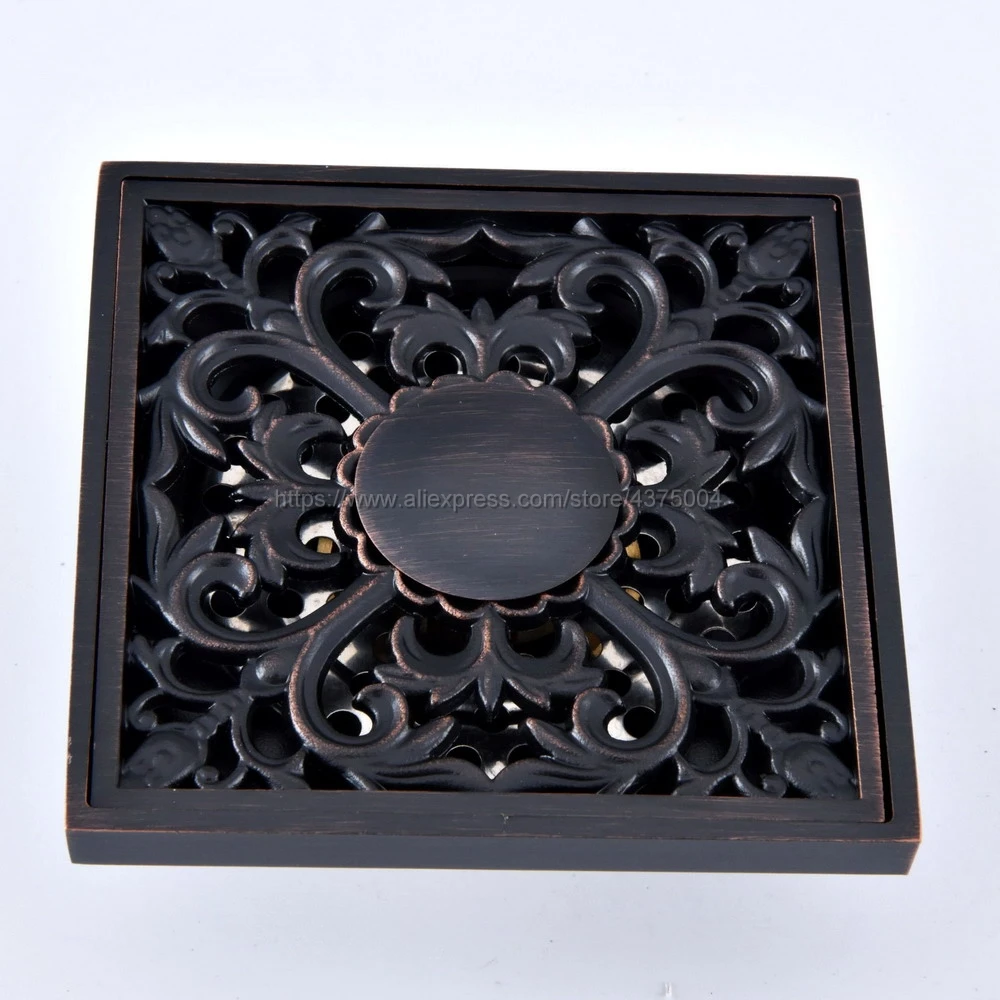 

High quality 10cm*10cm black oil rubbed brass art carved floor drain cover shower waste drainer bathroom accessories Nhr086