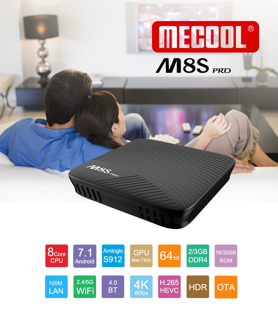 MECOOL Android 7.1 TV Box M8S PRO Amlogic S912 Octa Core 2GB DDR4 16GB ROM 2.4G/5G WiFi Video Sharing 4K Network TV Box
MECOOL Android 7.1 TV Box M8S PRO Amlogic S912 Octa Core 2GB DDR4 16GB ROM 2.4G/5G WiFi Video Sharing 4K Network TV Box