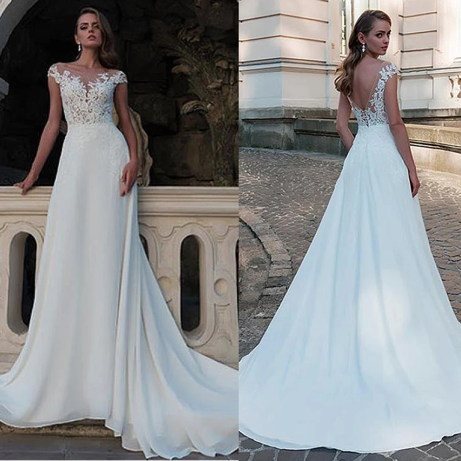 Fashionable Chiffon Bateau Neckline A-Line Wedding Dress With Beading & Lace Appliques Open Back Bridal Gowns
Fashionable Chiffon Bateau Neckline A-Line Wedding Dress With Beading & Lace Appliques Open Back Bridal Gowns