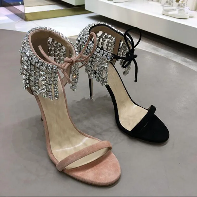 Choudory Bling Bling Crystal Embellished High Heels Summer Sexy Open Toe Lace-Up Gladiator Sandals Women Wedding Fringed Shoes