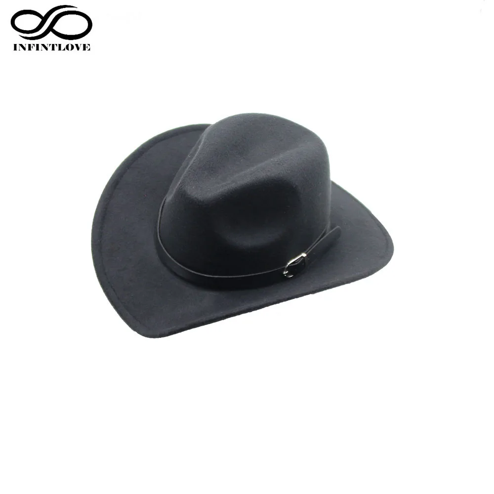 Image Boys Girl New Style Wide Brim Solid Country Western Leather Band Hat Fedora Trilby Wool Felt Jazz Chapeu Cowboy Cap For Children