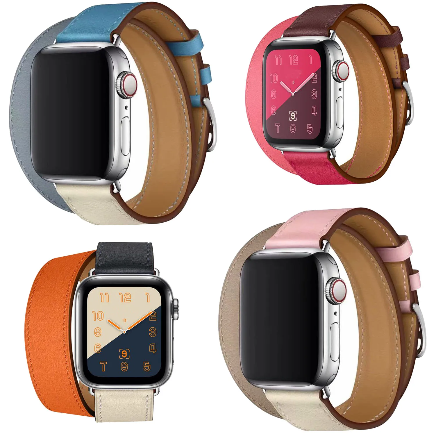 Ремешок из натуральной кожи для Apple Watch Series 5 4 3 2 1 двойной кожаный браслет