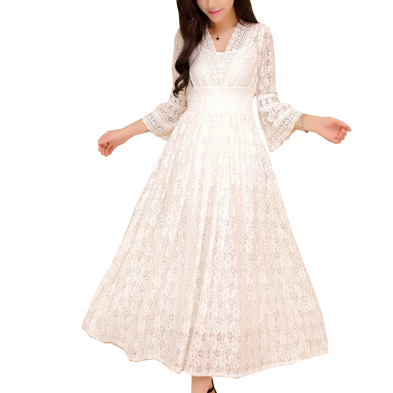 Sweet V Neck High Waist Long Dresses Women S-XL Autumn Robe Femme Slim Thin Lace Dress Solid Color Three Quarter Sleeve Vestidos
Sweet V Neck High Waist Long Dresses Women S-XL Autumn Robe Femme Slim Thin Lace Dress Solid Color Three Quarter Sleeve Vestidos