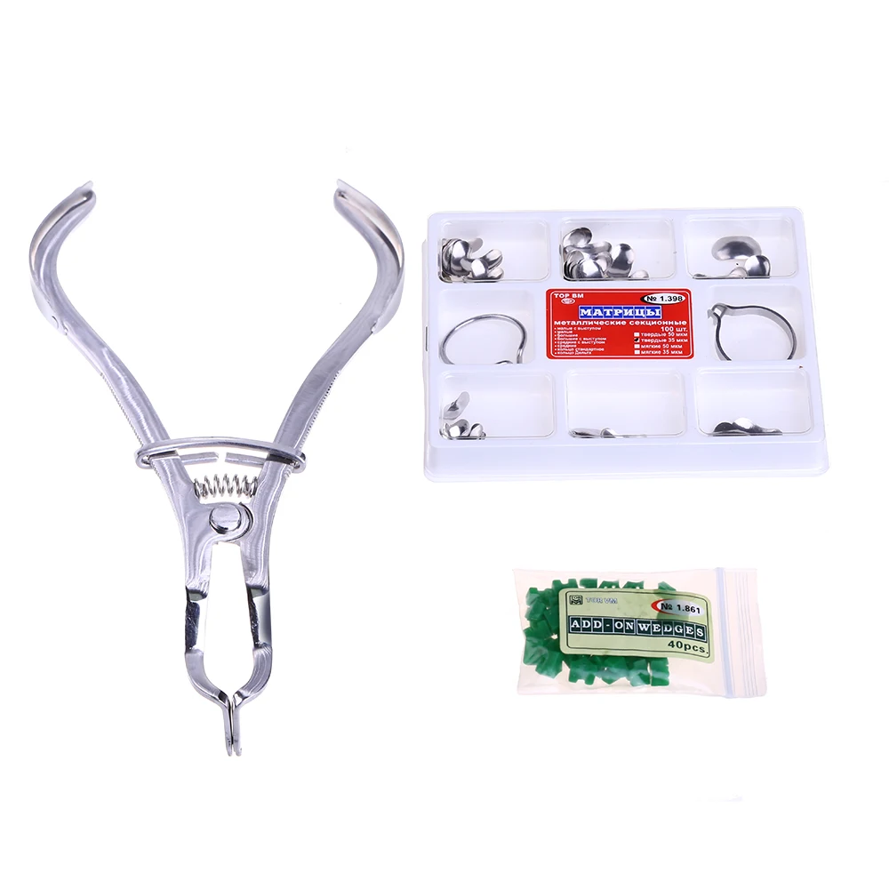100pcs Dental Matrix Full kit Sectional Contoured Metal Matrices No.1.398 40pcs Silicone add- on Wedges Rubber Dental material
100pcs Dental Matrix Full kit Sectional Contoured Metal Matrices No.1.398 40pcs Silicone add- on Wedges Rubber Dental material