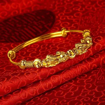 

MxGxFam Auspicious Ancient Animal Brave Troops Bangles for Women Jewelry 60 mm 24 k Pure Gold Color