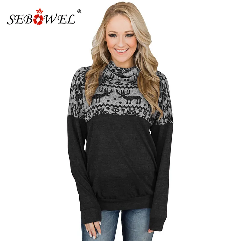 

SEBOWEL Christmas Reindeer Pattern Woman Sweatshirts Hoodies Long Sleeve Cowl Neck Top Female Knit Pullover New Autumn Outerwear