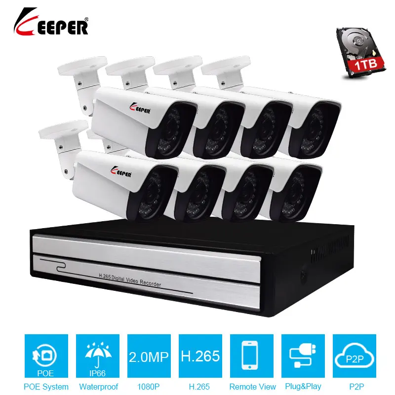 

Keeper H.265 Full HD 1080P 8Channel CCTV System 8pcs 2MP Metal Outdoor IP Camera 8CH 1080P POE NVR CCTV Kit HDMI P2P Email Alarm