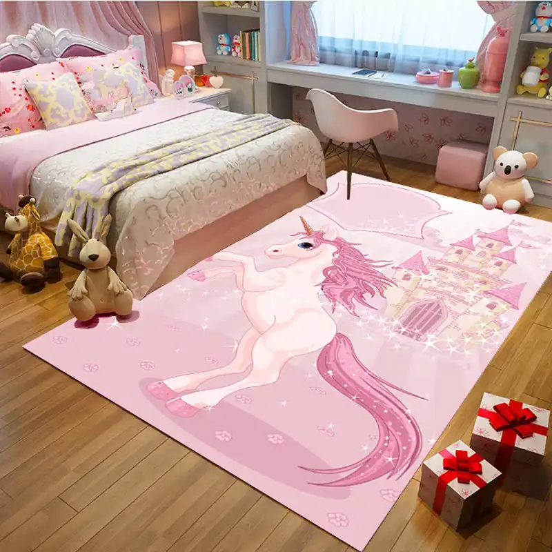 Pink Unicorn Cartoon Bedroom Kids Crawl Blanket Flannel Princess Powder Carpets For Living Room Home Child Room Rug And Carpet