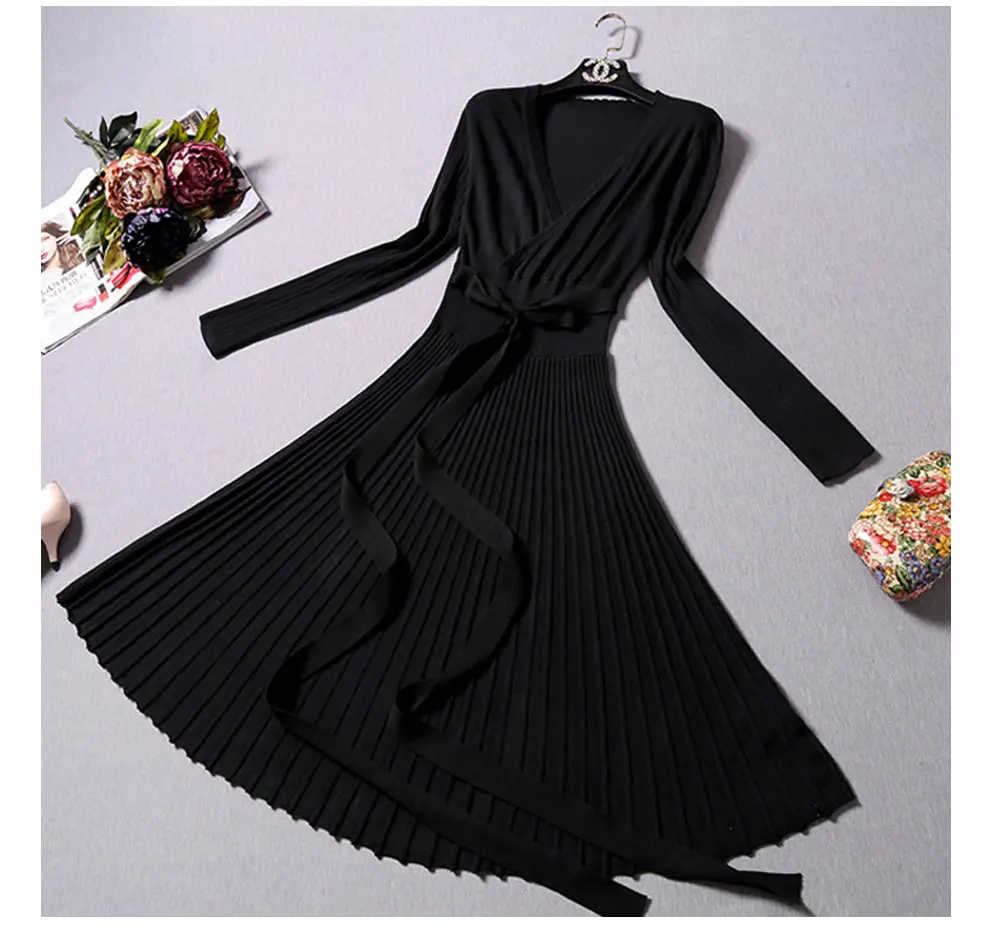 High Quality Elegant Winter Dress 2017 Office Dresses For Women Decorative Sashes V-Neck Solid Plus Size Vintage Vestidos 7