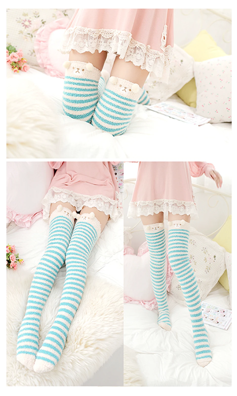 2019 New Winter Coral Velvet Knee Pads Ladies Cute Comfortable Thick Warm Towel Leggings Women's Stockings Striped Sleeping Sock (6)