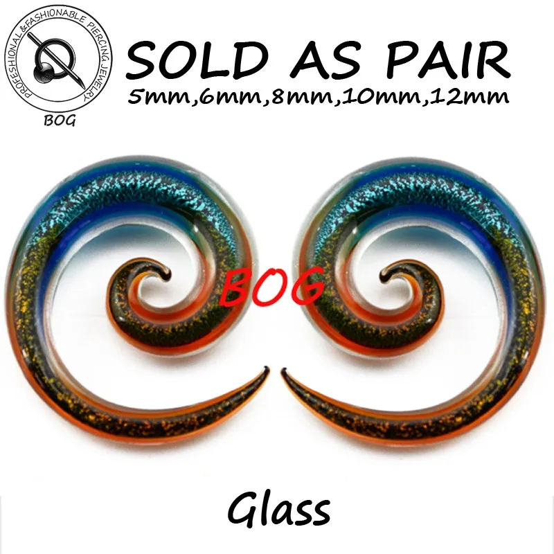 Pair Spiral Handmade Pyrex Glass Tunnels Plugs Ear Gauges Ear Piercing 5mm-14mm