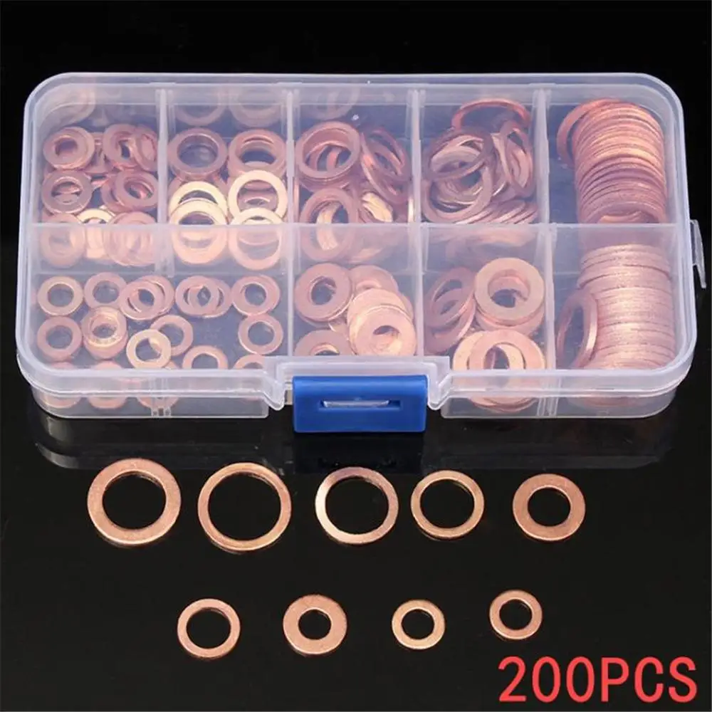 

200Pcs Copper Washer Gasket Nut and Bolt Set Flat Ring Seal Assortment Kit With Box M5/M6/M8/M10/M12/M14 for Sump Plugs Water