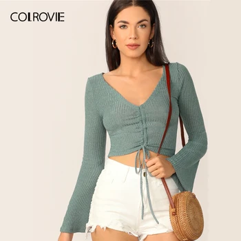 COLROVIE Turquoise Shirred Drawstring Bell Sleeve Sexy Crop Top Women T Shirt 2019 Korean Fashion Long Sleeve Ladies Tee Shirts
COLROVIE Turquoise Shirred Drawstring Bell Sleeve Sexy Crop Top Women T Shirt 2019 Korean Fashion Long Sleeve Ladies Tee Shirts
