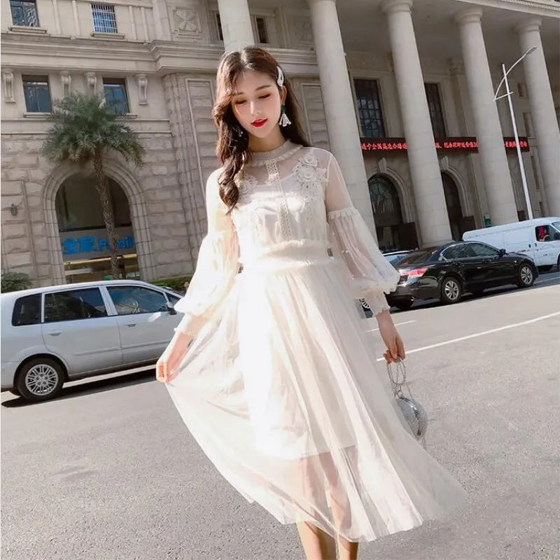 High waist long dresses with round neck for women, fine mesh tight spring dress, floral lace dress, lantern sleeve
High waist long dresses with round neck for women, fine mesh tight spring dress, floral lace dress, lantern sleeve