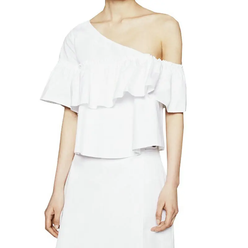 Women's Casual Blouse w/ Irregular Slash Neck & Ruffled Short Sleeve White