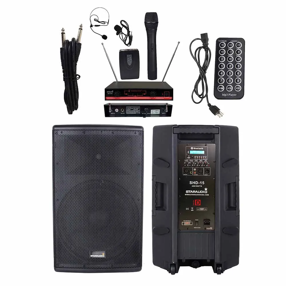 STARAUDIO 15" 4000W PA DJ Active Powered Speaker System BT Speaker 2CH VHF Handheld Headset Wireless Microphone System SHD-15
STARAUDIO 15" 4000W PA DJ Active Powered Speaker System BT Speaker 2CH VHF Handheld Headset Wireless Microphone System SHD-15