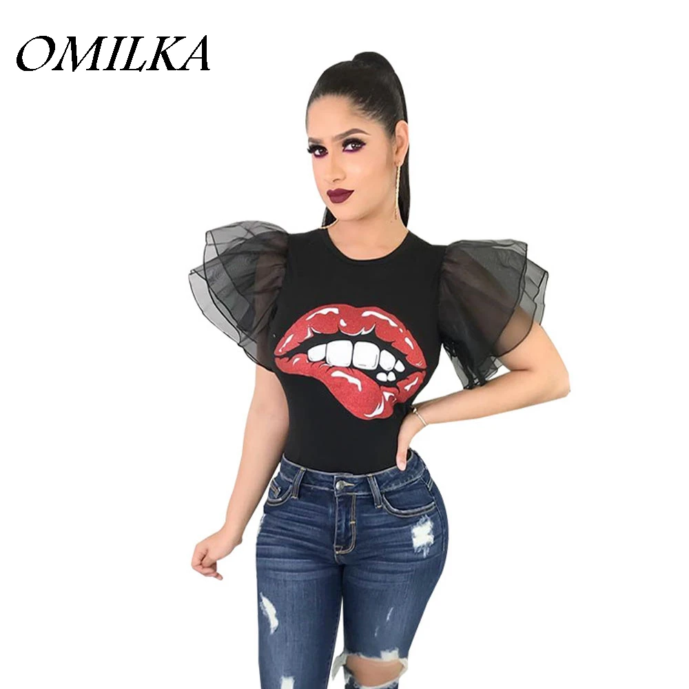 Летняя женская футболка с пышными рукавами OMILKA 2018 повседневная черная белая