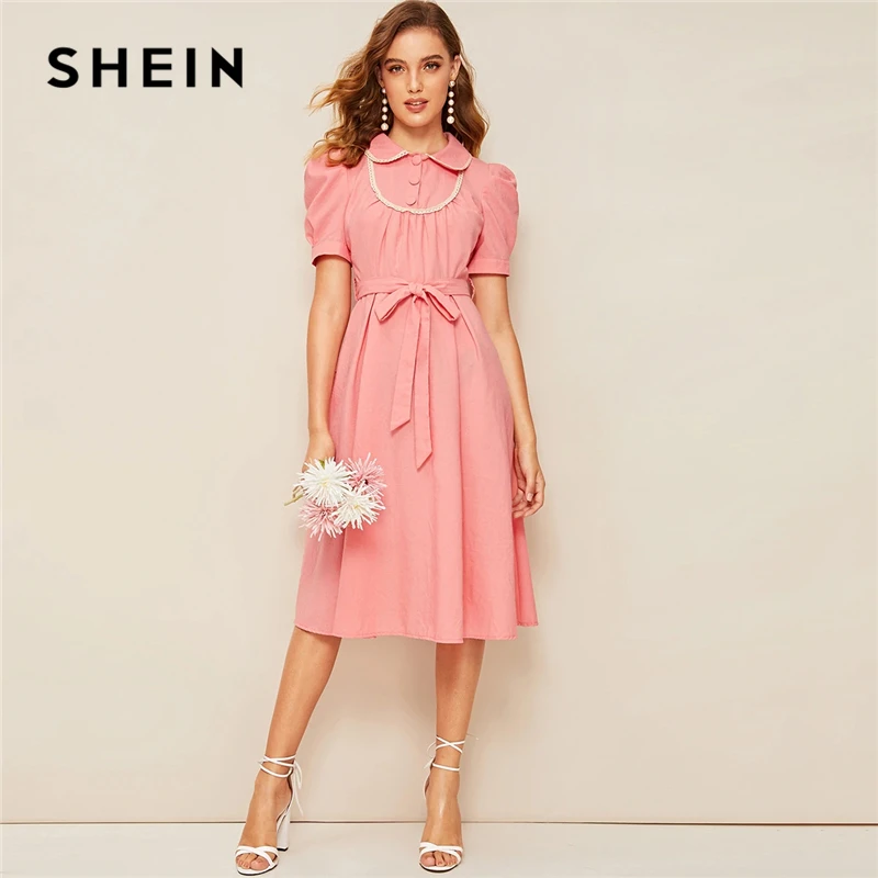 

SHEIN Elegant Vintage Puff Sleeve Lace Trim Belted Pink Long Dress Women Summer Autumn Buttoned Peter Pan Collar Cute Dresses