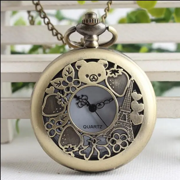 Vintage bronze Bear relaxation bear strawberries in Paris Hollow out Fashion quartz pocket watches chain gift
Vintage bronze Bear relaxation bear strawberries in Paris Hollow out Fashion quartz pocket watches chain gift