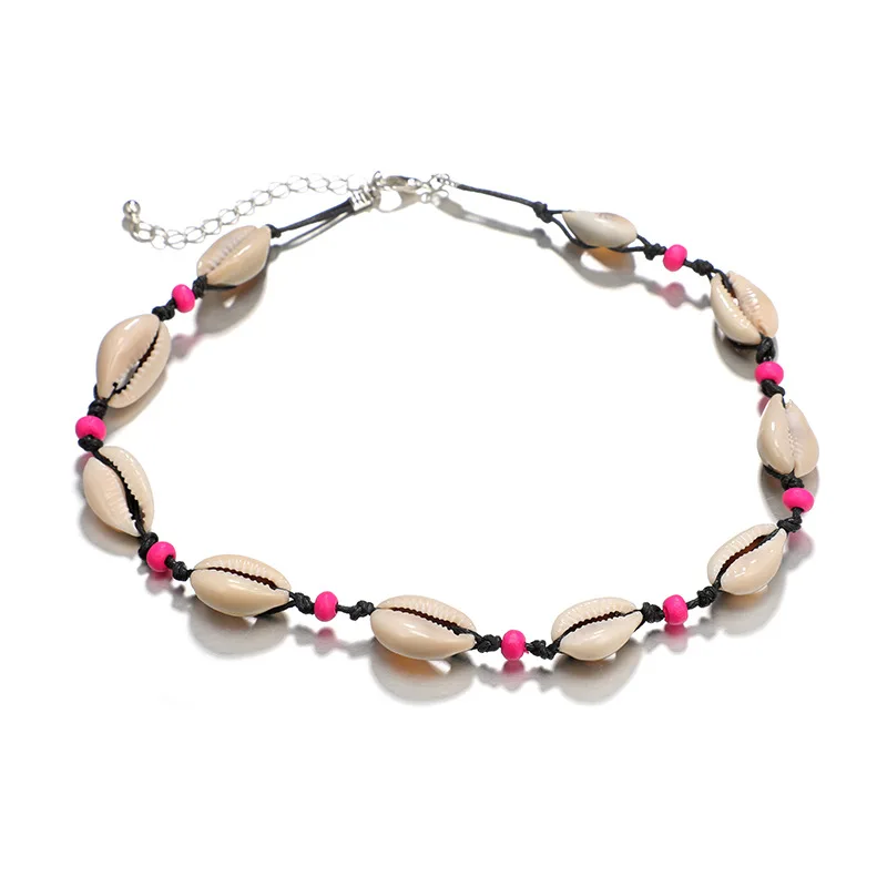 Fashion bohemian style women's chain shell necklace initial pendant choker for women charms jewelry pink beads finding | Украшения и