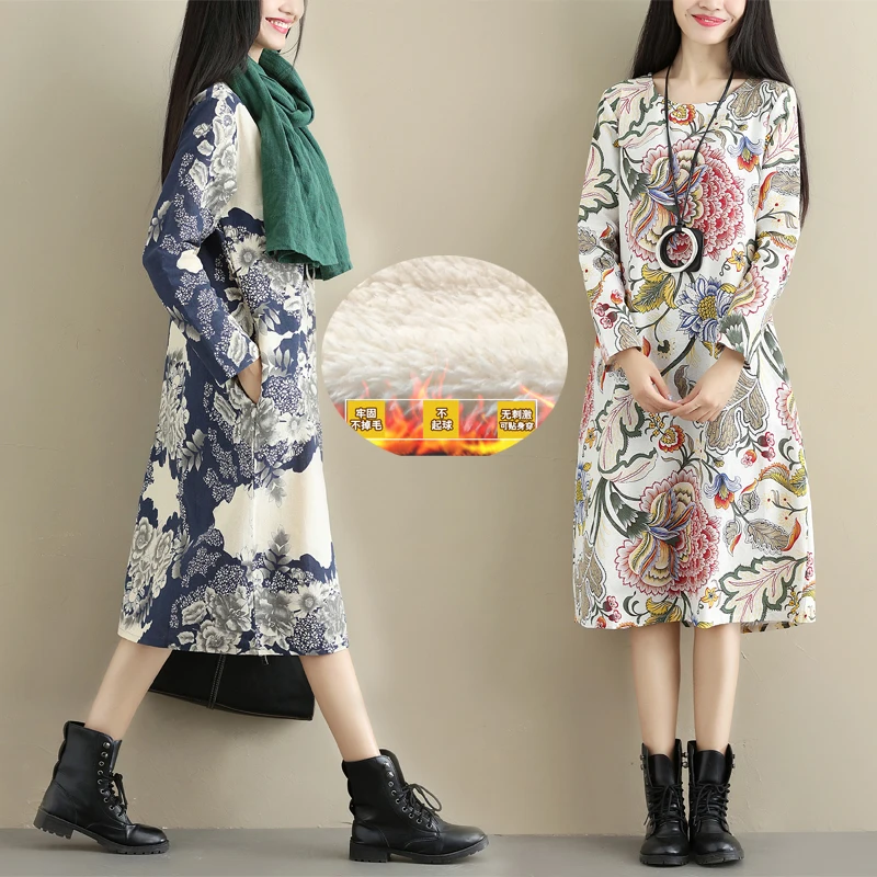 2019 Fashion Thicken Fleece Warn Winter Dress Print Floral Cotton Linen Vintage Spring Dress Women Casual Midi Dress Plus Size
2019 Fashion Thicken Fleece Warn Winter Dress Print Floral Cotton Linen Vintage Spring Dress Women Casual Midi Dress Plus Size