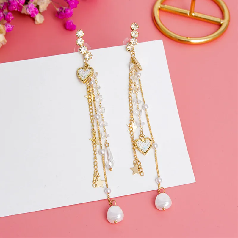 Korean Shiny Rhinestone Asymmetric Love Heart Dangle Earrings Long Crystal Tassel Star Pendientes Women Pearl Ear Jewelry 5C1025
Korean Shiny Rhinestone Asymmetric Love Heart Dangle Earrings Long Crystal Tassel Star Pendientes Women Pearl Ear Jewelry 5C1025