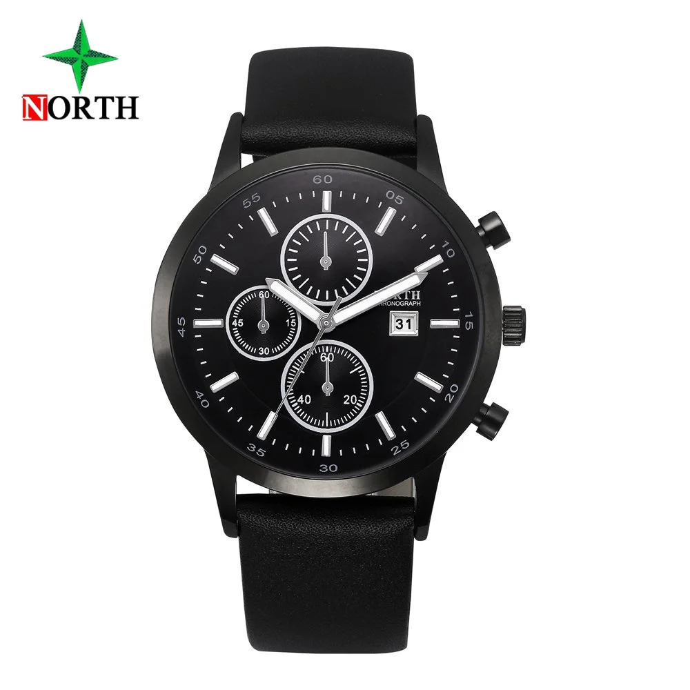 Мужские кварцевые наручные часы North Black водонепроницаемые из натуральной кожи с