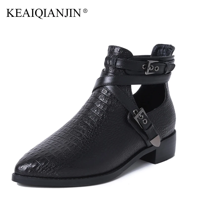 KEAIQIANJIN Woman Pointed Toe Chelsea Boots Spring Autumn Plus Size 33 - 41 Boots Genuine Leather Martins Boots Black Blataforma
