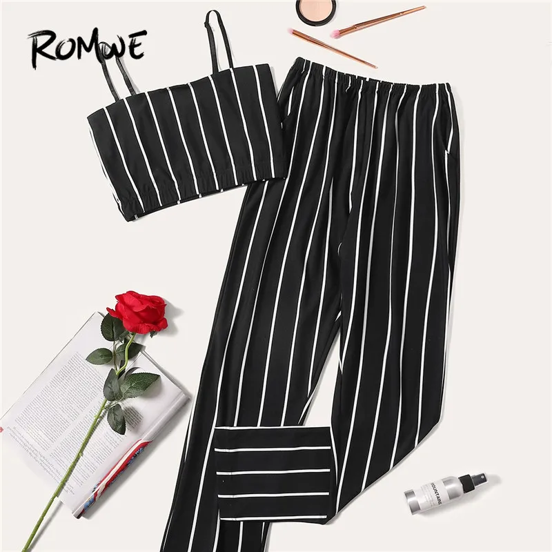 

ROMWE Black and White Striped Cami Top With Long Pants Women PJ Set Summer Camisole Sleepwear Pajamas Sets Night Wear Suits