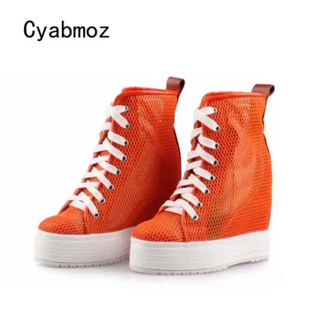 

Cyabmoz Fashion Women Platform Lace up Wedges High heels Height increasing Breathable High top Ankle Boots Mesh Ladies Shoes