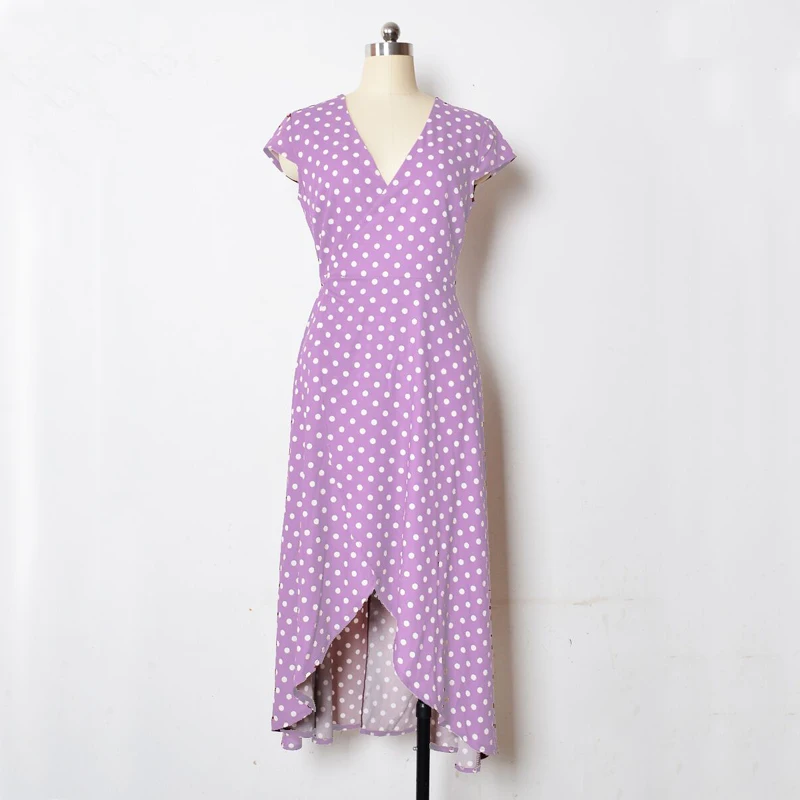 violet Polka Dot V Neck Pront Split Long Dress