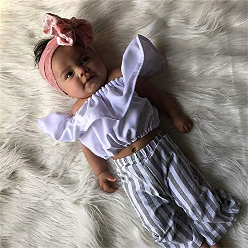 Newborn Toddler Infant Baby Girls Ruffled Sleeves T-shirt Off the Shoulder Tops Striped Pants Sets Outfit kids girls suits 2PCS
Newborn Toddler Infant Baby Girls Ruffled Sleeves T-shirt Off the Shoulder Tops Striped Pants Sets Outfit kids girls suits 2PCS