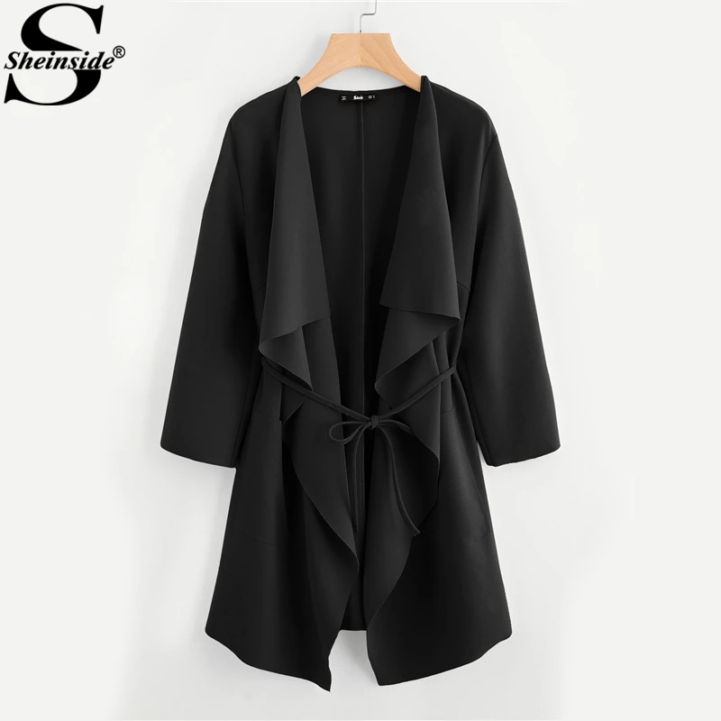 Sheinside Waterfall Collar Pocket Front Wrap Coat Black Long Sleeve Knee Length Belt Elegant Outer Women Casual Outer
Sheinside Waterfall Collar Pocket Front Wrap Coat Black Long Sleeve Knee Length Belt Elegant Outer Women Casual Outer