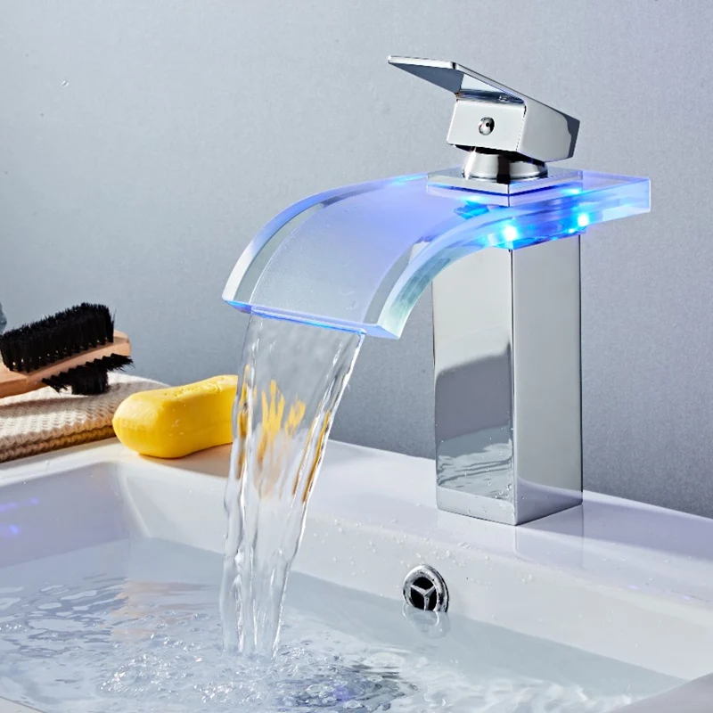 

LED Basin Faucet Brass Waterfall Temperature Colors Change Bathroom Mixer Tap Deck Mounted Wash Sink Glass Taps Hot And Cold Tap