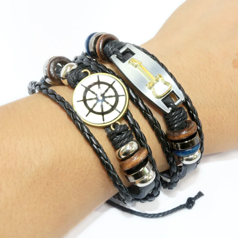 The Punk Bracelet Leather Weave Bracelet Wooden Bead guitar bracelet rudder Anchor Clasp Black Braid Leather Bracelet Men Bangle
The Punk Bracelet Leather Weave Bracelet Wooden Bead guitar bracelet rudder Anchor Clasp Black Braid Leather Bracelet Men Bangle