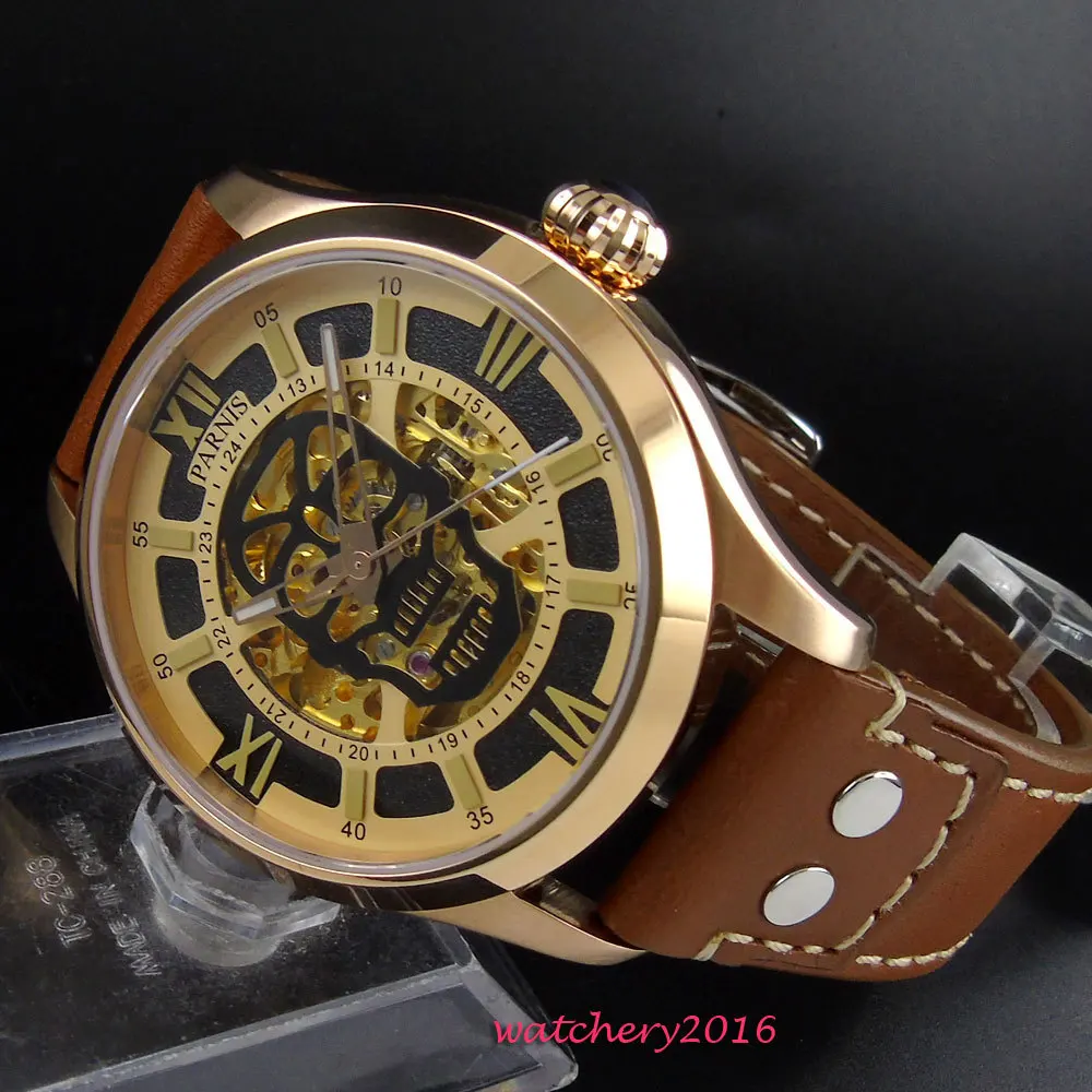 Newest 45mm Parnis Hollow dial sapphire glass Brown Leather Golden Case Luminous Marks Miyota Automatic Mechanical Men's Watch
Newest 45mm Parnis Hollow dial sapphire glass Brown Leather Golden Case Luminous Marks Miyota Automatic Mechanical Men's Watch