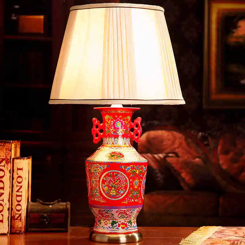 China Antique Living Room Vintage Table Lamp Porcelain Ceramic Table Lamp wedding decoration lamp dining table red (2)