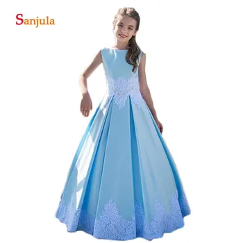 Blue Satin Flower Girl Dress For Wedding White Lace Appliques Bow Lace Up Back Pageant Party Gowns vestido de comunion D915
Blue Satin Flower Girl Dress For Wedding White Lace Appliques Bow Lace Up Back Pageant Party Gowns vestido de comunion D915