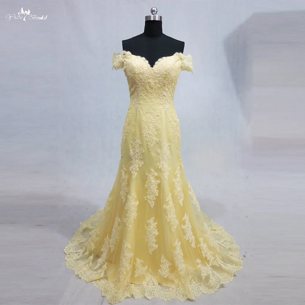 Image RSE777 Off Shoulder Lace Mermaid Long Yellow Prom Dress